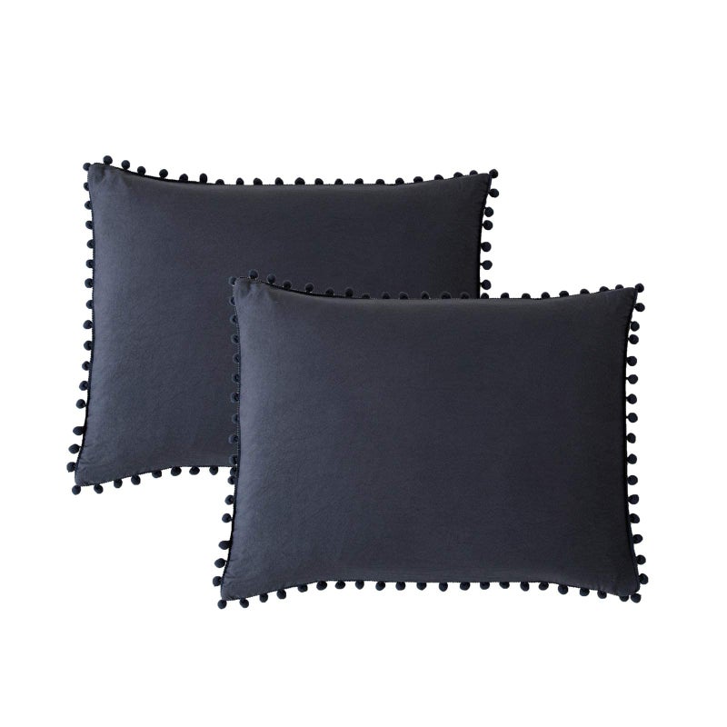 MOVE OVER Navy Blue Pom Poms Pillowcases, Dark Blue Standard Queen 20x30 Inches Pillowcases Set of 2, 100% Washed Microfiber, Navy Fringe Pillow Shams, 2 Pack (Standard, Navy Blue) - Image 1